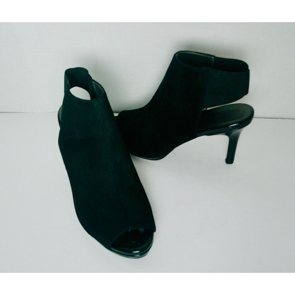 LIFESTRIDE BLACK OPEN TOE FAUX SUEDE SLINGBACK 4" HEEL BOOTIE. WOMENS 9M